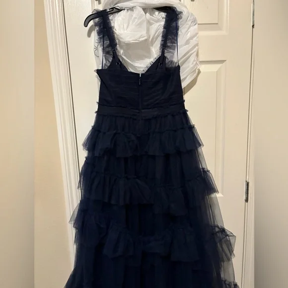 BCBGMAXAZRIA Evening Ruffled Gown, navy tiered tulle - Picture 8 of 13